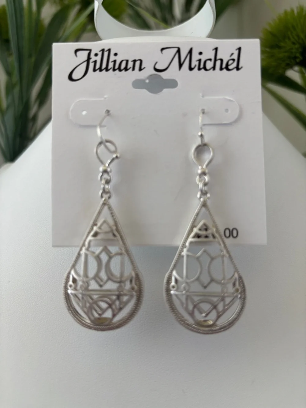 Jillian Michel Filagree cutout silvertone teardrop dangle,fishhook